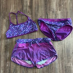 Athleta Girls Purple & Pink Striped 3-Piece Swim Set